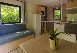 Modern lodge-interieur met eettafel, groene plant, sofa en keuken, met grote ramen en zicht op het groen.