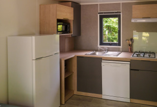 Pequeña cocina moderna en una cabaña con nevera, lavavajillas, estufa de gas y ventana con vista a la naturaleza.