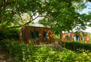 Due moderni lodge in legno immersi tra alberi rigogliosi e siepi verdi, ideali per una fuga nella natura.