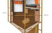 Floor plan of a safari tent showing bedroom, kitchen, dining area, and measurements in meters.