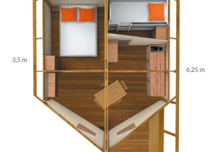 Floor plan of a safari tent showing bedroom, kitchen, dining area, and measurements in meters.