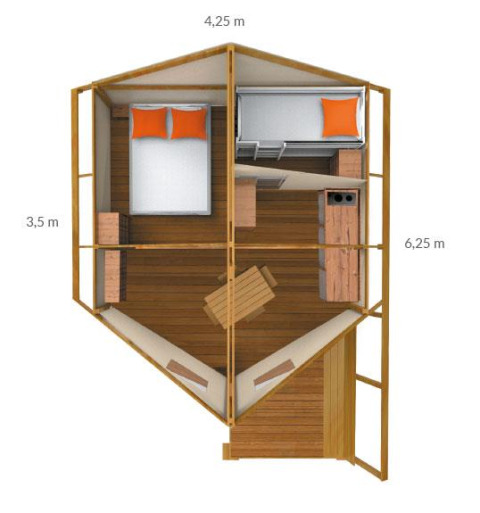 Floor plan of a safari tent showing bedroom, kitchen, dining area, and measurements in meters.
