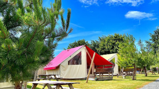 Campamento de tiendas safari con bancos de picnic y pinos bajo un cielo azul brillante y soleado.