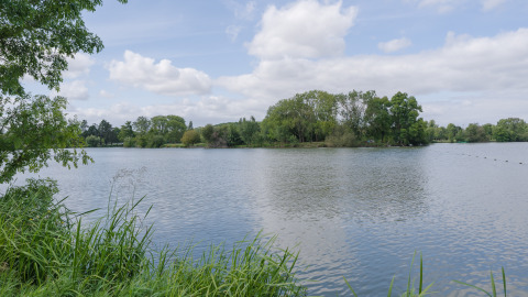 View across a peaceful lake with trees and greenery at Camping Seasonova du Chêne in Pays de la Loire, France.