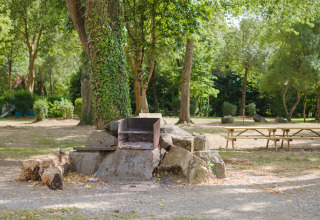Udendørs grillplads og picnicborde i en grøn campingplads i Camping Seasonova du Chêne, Pays de la Loire.