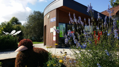 Empfangsbereich des Camping Seasonova du Chêne in Pays de la Loire, Frankreich, mit Blumen und Buschfigur.