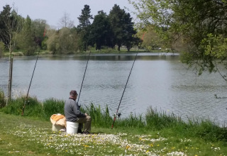 Un uomo pesca sul lago al Camping Seasonova du Chêne, Pays de la Loire, Francia, circondato dalla natura.