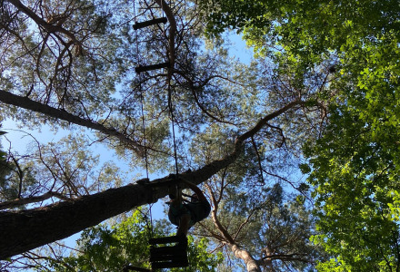 Persona subiendo una escalera colgante en un parque de aventuras cerca de Sillé le Guillaume, Francia.