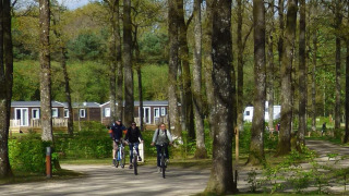 Ciclistas recorren los senderos arbolados del Camping Seasonova La Forêt en Pays de la Loire, Francia.