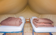 Interior of a safari tent featuring two single beds, brown duvets, and a nightstand on a wooden floor.
