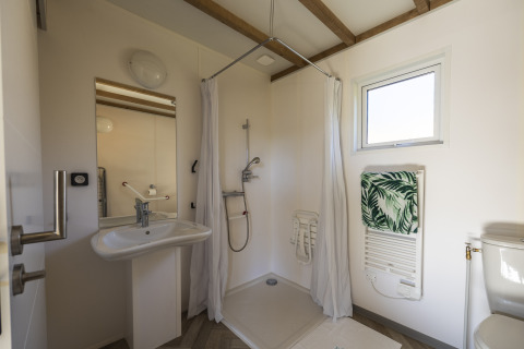 Baño accesible para personas discapacitadas con ducha, lavabo, espejo y barras de apoyo en una cabaña francesa.