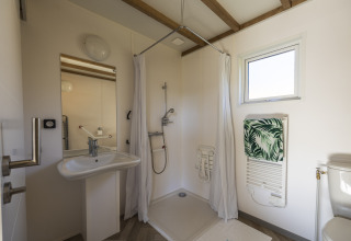 Baño accesible para personas discapacitadas con ducha, lavabo, espejo y barras de apoyo en una cabaña francesa.