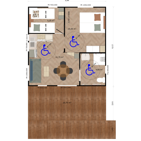 Plano accesible de una cabaña con dormitorios, baño adaptado, cocina, sala y terraza de madera.