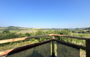 View from a safari tent deck with wooden railing overlooking green fields, hills, and a clear blue sky.