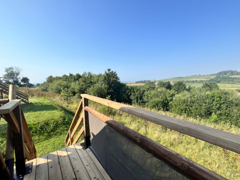 Udsigt fra en safaritelt-terrasse over frodige grønne marker og træer under en klar blå himmel.