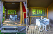 Brillante terraza de madera en tienda safari Mobilodge en Camping Seasonova La Forêt, Francia, con área para comer.