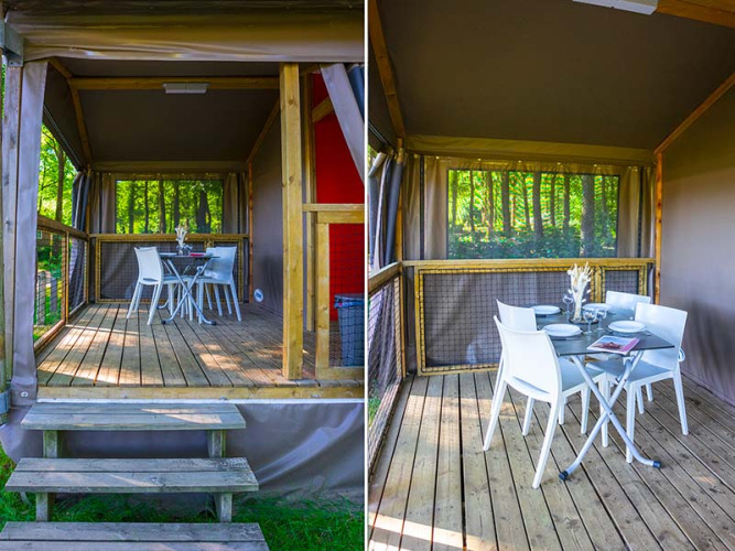 Bright wooden terrace of a safari tent Mobilodge at Camping Seasonova La Forêt in France with dining area.