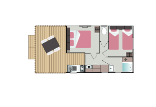 Grondplan van de Mobilodge safaritent op Camping Seasonova La Forêt, Frankrijk, met twee slaapkamers en terras.