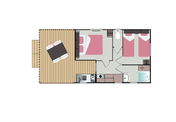 Plantegning af Mobilodge safari telt ved Camping Seasonova La Forêt, Frankrig, med to soveværelser og terrasse.