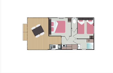 Plantegning af Mobilodge safari telt ved Camping Seasonova La Forêt, Frankrig, med to soveværelser og terrasse.