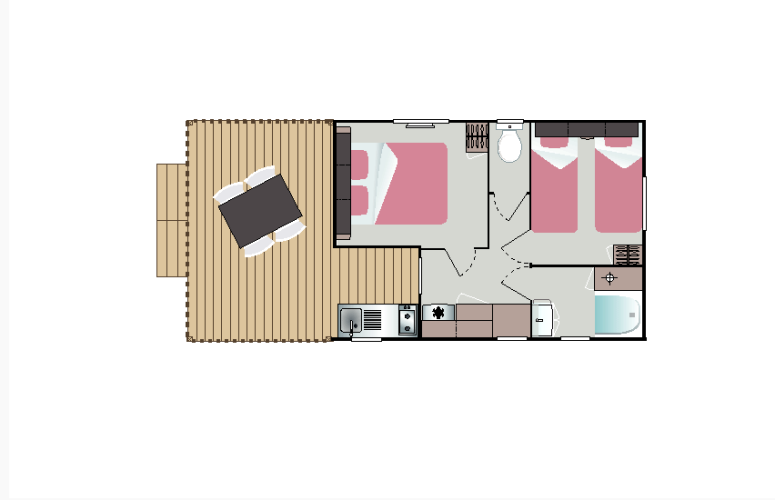Plano del Mobilodge safari tent en Camping Seasonova La Forêt, Francia, con dos dormitorios y terraza amplia.