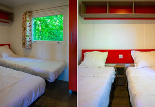 Twee eenpersoonsbedden in een modern Mobilodge safaritent bij Camping Seasonova La Forêt, Frankrijk.