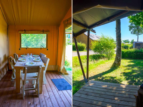 Interieur en zicht van een safaritent bij Slow Lodge, Camping Seasonova La Forêt in Frankrijk.