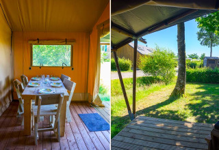 Interieur en uitzicht van een safaritent bij Slow Lodge, Camping Seasonova La Forêt in Frankrijk.