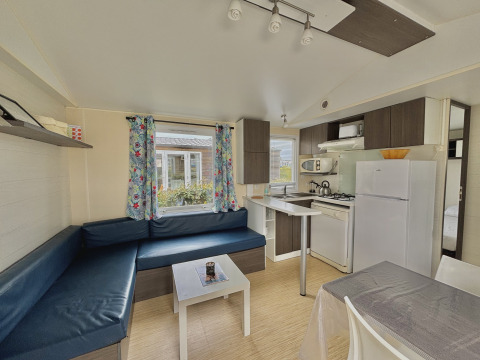 Modern glamping accommodation with blue L-shaped sofa, compact kitchen, and window with colorful curtains.