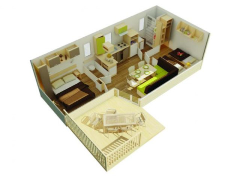 3D-Grundriss des Cottage Zen Chalets bei Camping Seasonova Le Point du Jour mit Schlafzimmer, Küche und Terrasse.