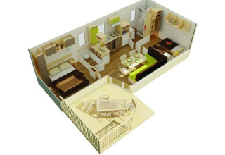 3D plantegning af Cottage Zen chalet på Camping Seasonova Le Point du Jour med soveværelser, stue og terrasse.