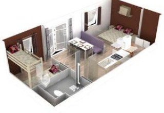 Plano 3D de una cabaña adaptada para discapacitados con cocina, áreas de dormir y baño accesible.