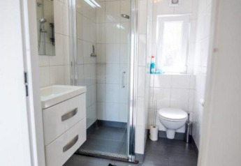 Moderne badeværelse med bruser, vask og toilet på Nature Chalet i Bospark Markelo, Holland.