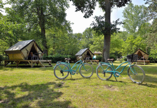 Dos bicicletas azul claro frente a tiendas safari en Slow Life stay, Camping Seasonova Le Point du Jour, Francia.