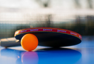 Tafeltennisbat en oranje bal op tafel, foto genomen bij een vakantiepark met glamping accommodatie.