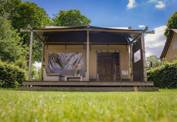Luxe safaritent lodge bij vakantiepark De Boshoek in Nederland, omringd door groene natuur.