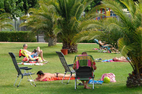 Personas descansando en tumbonas y toallas bajo palmeras en Camping Mas Patoxas, un parque vacacional en Cataluña.