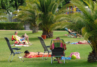Persone rilassate su sdraio e teli sotto le palme al Camping Mas Patoxas nel parco vacanze in Catalogna, Spagna.