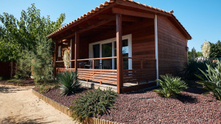 Houten chalet Bungalow Quermany met een overdekt terras en een onderhoudsarme tuin onder een blauwe lucht.