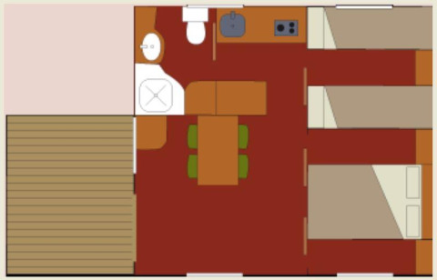 Plano del bungalow Morea en Camping Mas Patoxas, España, con camas, baño, cocina, comedor y terraza exterior.