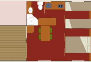Plano del bungalow Morea en Camping Mas Patoxas, España, con camas, baño, cocina, comedor y terraza exterior.
