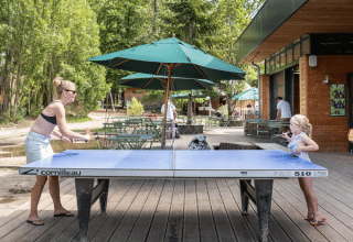Due persone giocano a ping pong all'aperto al parco vacanze Huttopia Versailles in Île de France, Francia, d'estate.
