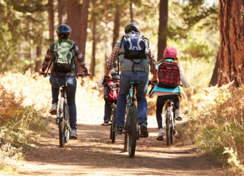 Familia montando bicicletas por un sendero forestal en Huttopia Versailles, Île de France, Francia.
