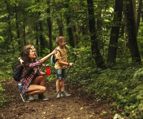Familia de excursión por el bosque en Huttopia Versailles, parque vacacional en Île de France, Francia, rodeados de naturaleza.