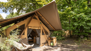 Tente safari Canadienne avec terrasse en bois et fauteuils, entourée d’arbres verts dans la forêt.