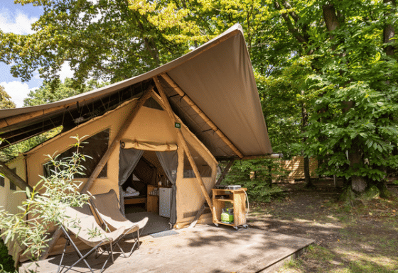 De Canadienne safaritent met houten terras en stoelen, omringd door groene bomen in een bos.