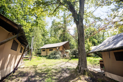Tende safari Trappeur a Huttopia Versailles, Francia, circondate da alberi verdi e atmosfera rilassante.