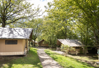 Safari-Zelte im Grünen auf dem Campingplatz Huttopia Versailles in Frankreich, umgeben von Bäumen.