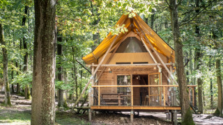 Die Waldhütte Cahutte besteht aus Holz und hat ein gelbes Dach. Sie liegt umgeben von hohen Bäumen.