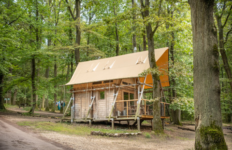 Cabaña Cahutte en Huttopia Versailles, Francia, rodeada de un verde bosque y senderos naturales.